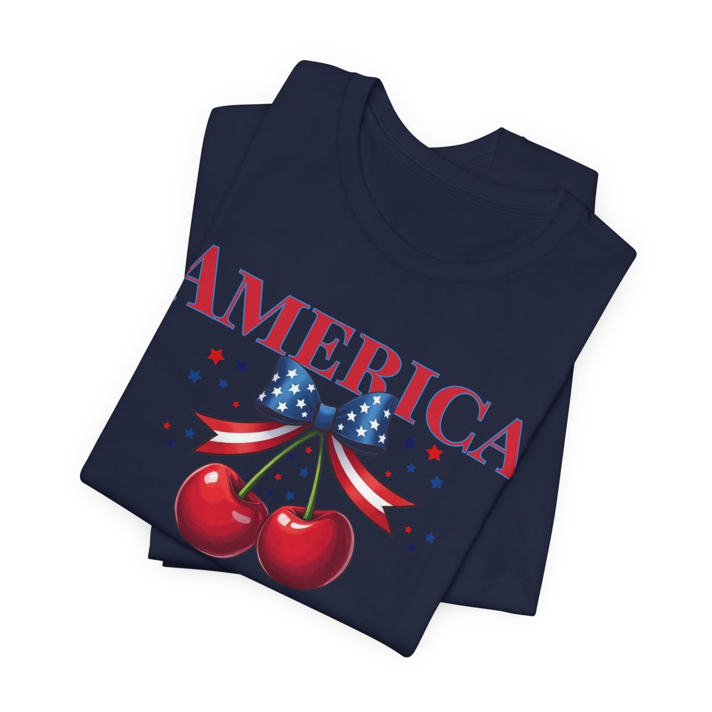 America Cherry Patriotic T-Shirt – Stars & Stripes Bow 4th of July Tee