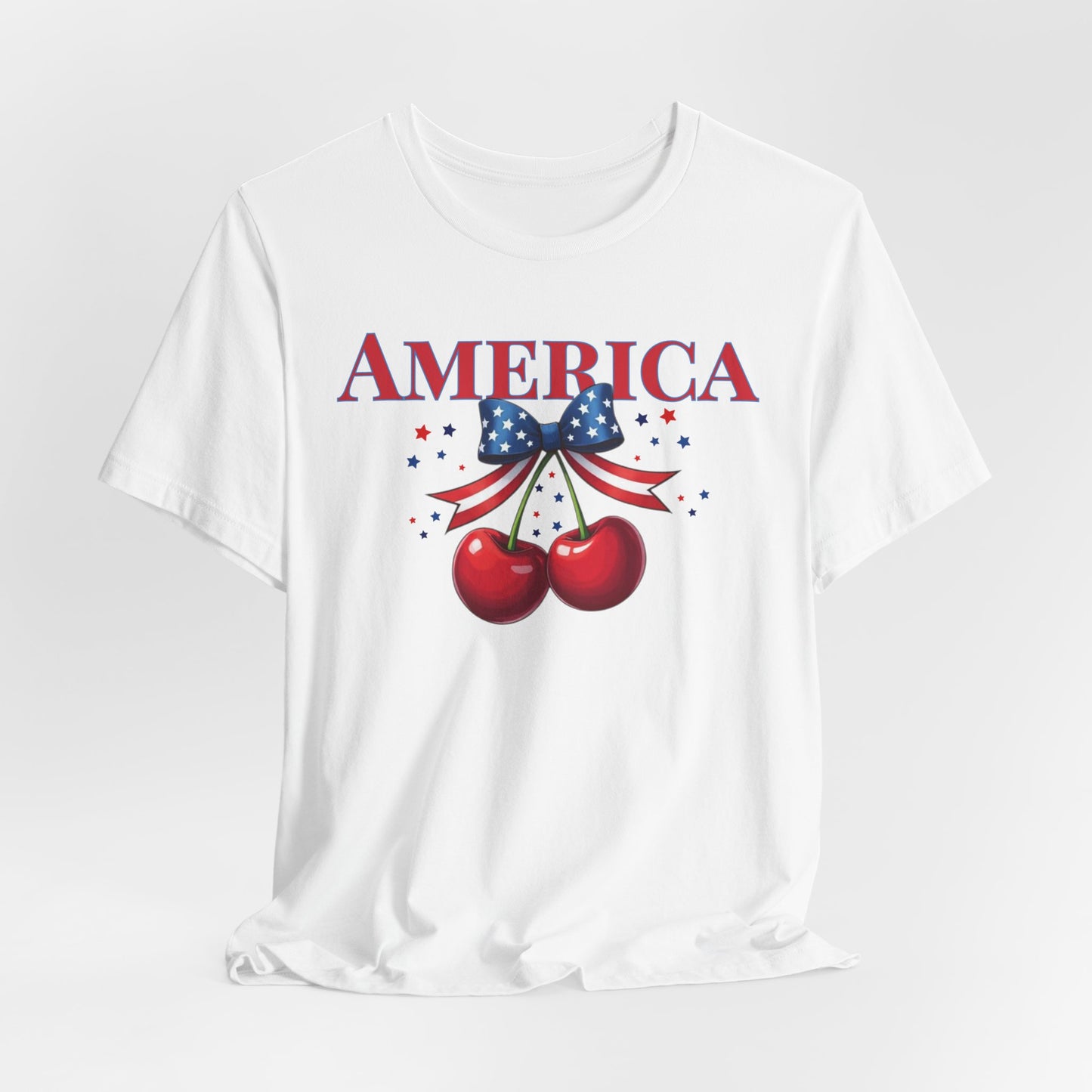 America Cherry Patriotic T-Shirt – Stars & Stripes Bow 4th of July Tee
