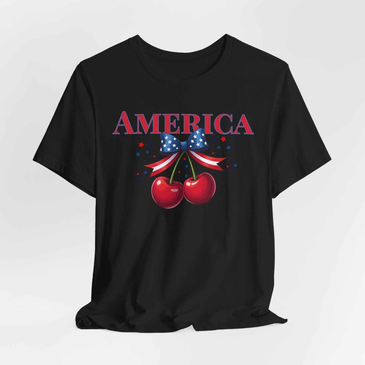 America Cherry Patriotic T-Shirt – Stars & Stripes Bow 4th of July Tee
