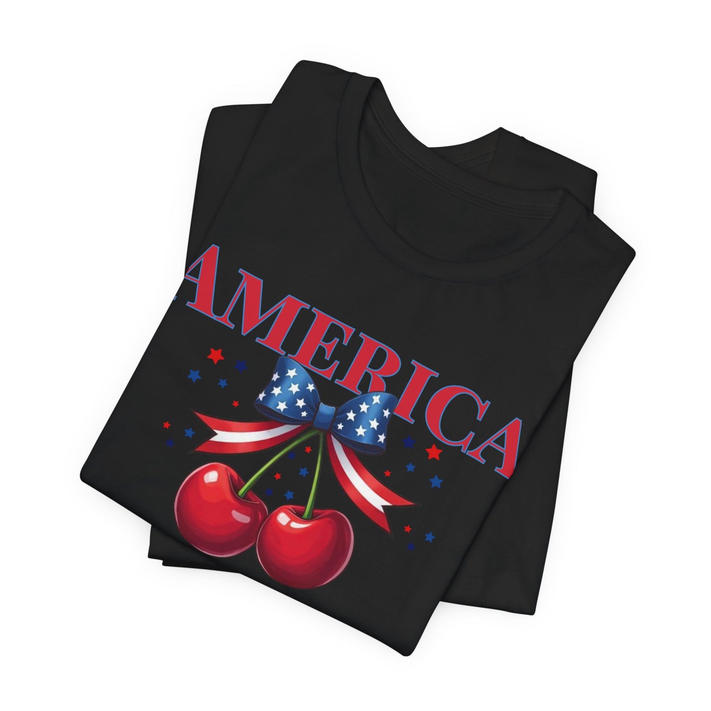America Cherry Patriotic T-Shirt – Stars & Stripes Bow 4th of July Tee