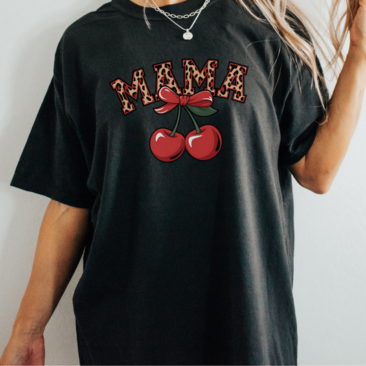 Mama Cherry T-Shirt — Leopard Print 'MAMA' Graphic Tee