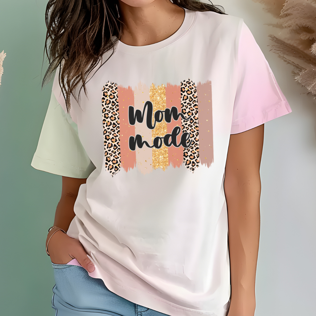 Mom Mode Graphic T‑Shirt — Leopard & Brushstroke Mothers Day Tee