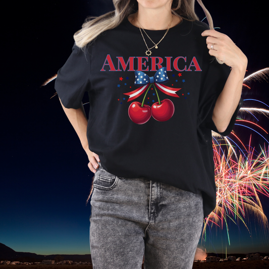 America Cherry Patriotic T-Shirt – Stars & Stripes Bow 4th of July Tee