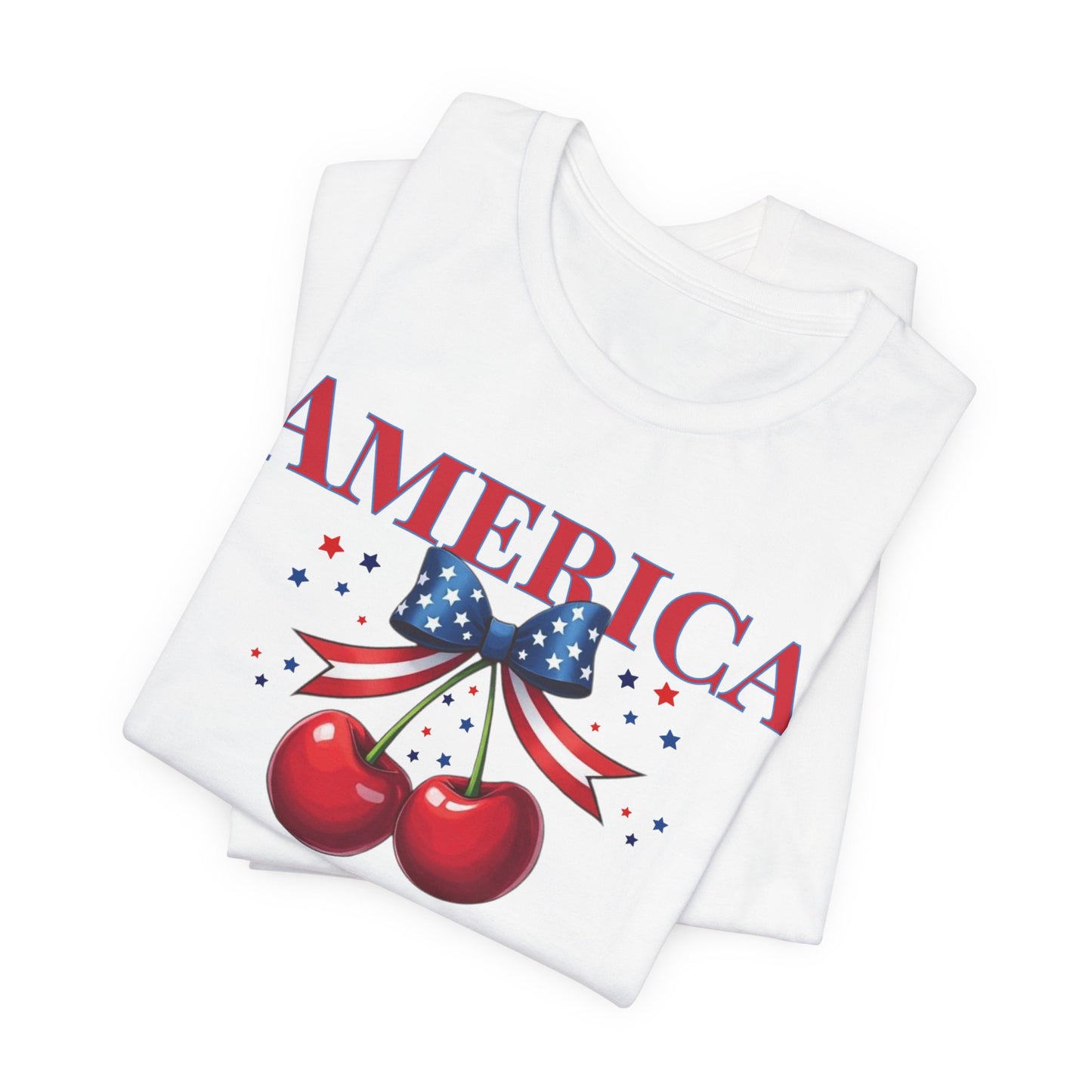 America Cherry Patriotic T-Shirt – Stars & Stripes Bow 4th of July Tee
